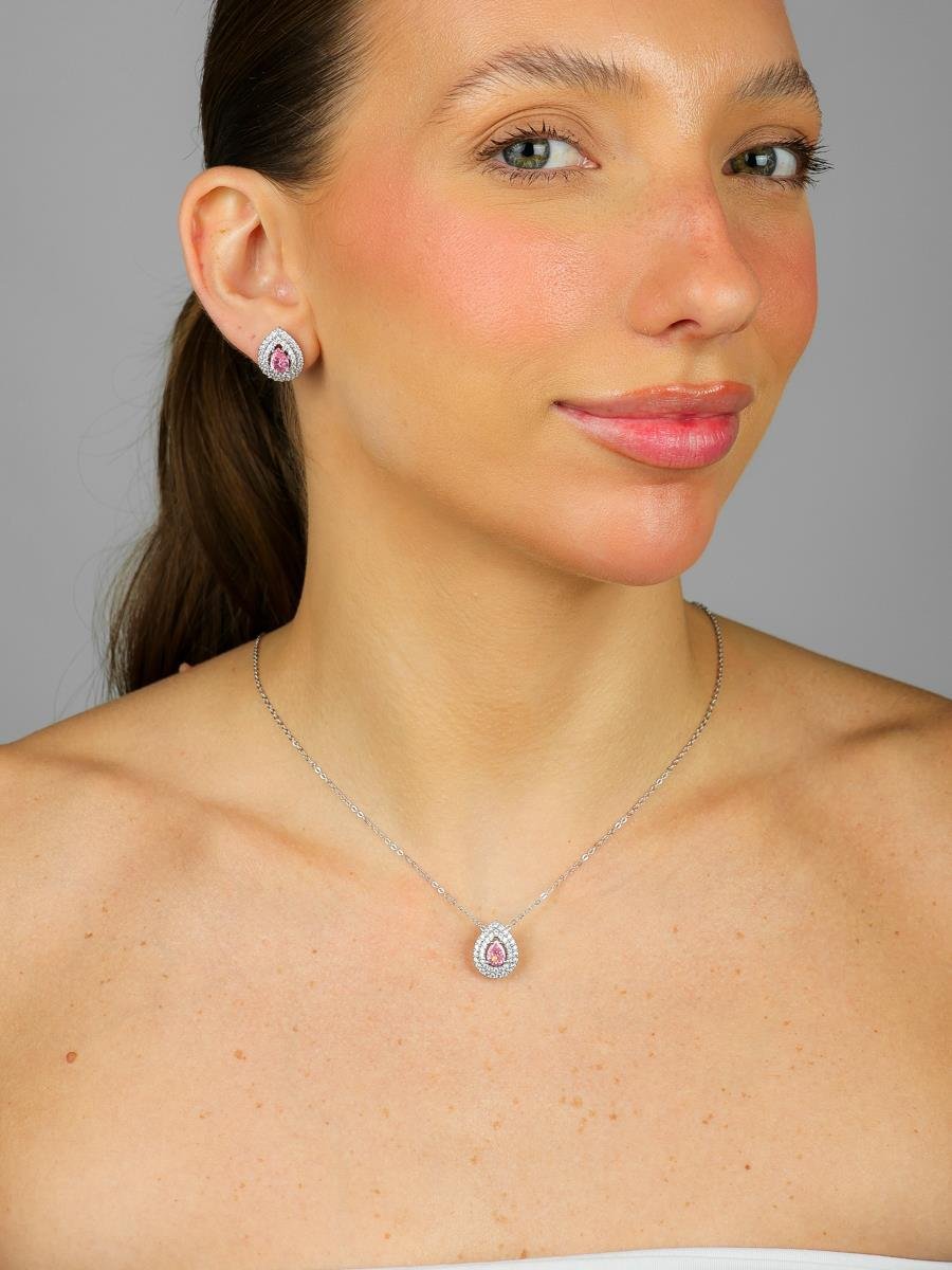 Conjunto Gota Rosa Kunzita Cravejado | Banhado A Ródio Branco