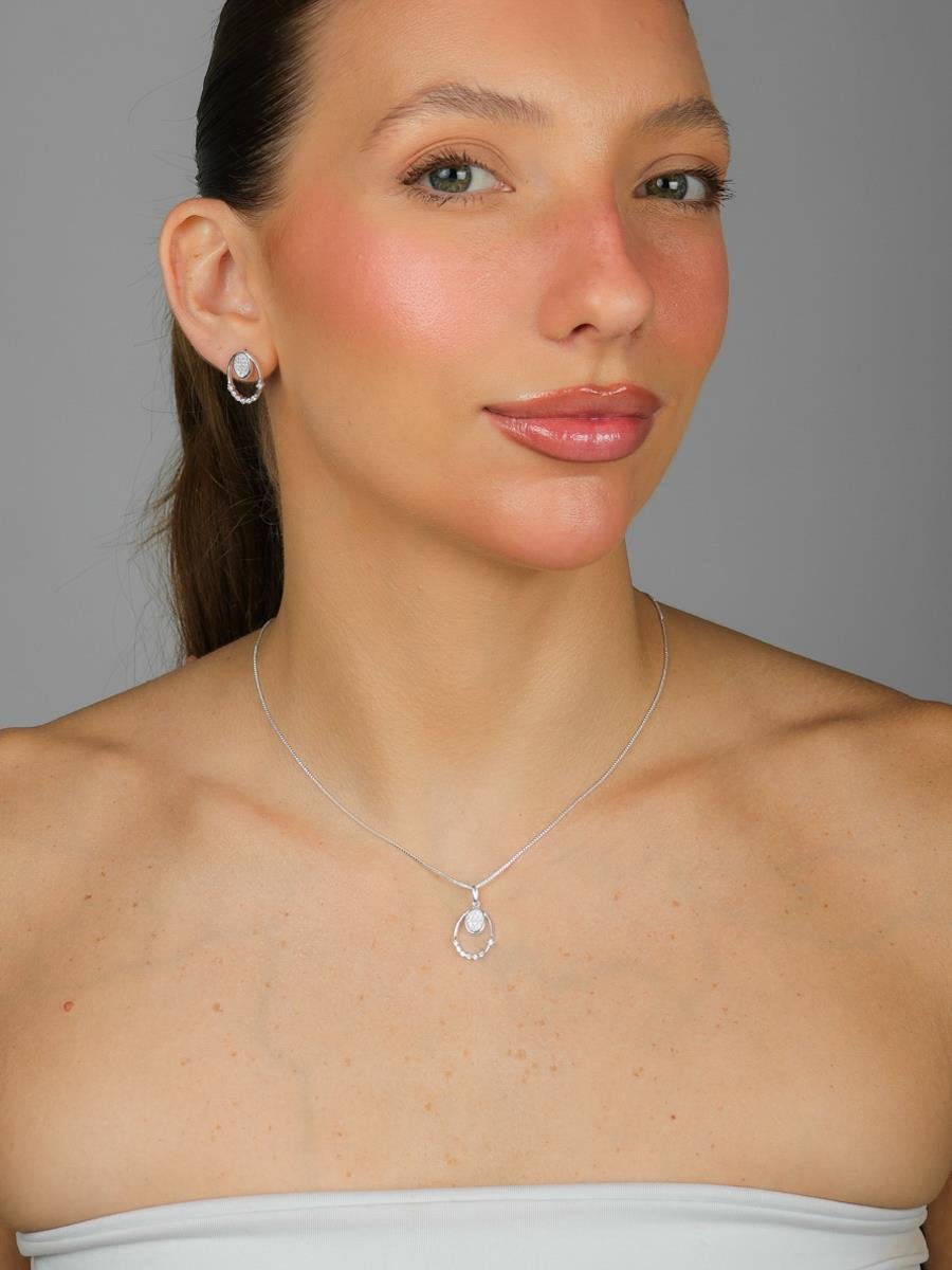 Conjunto Oval Cravejado | Banho De Prata.