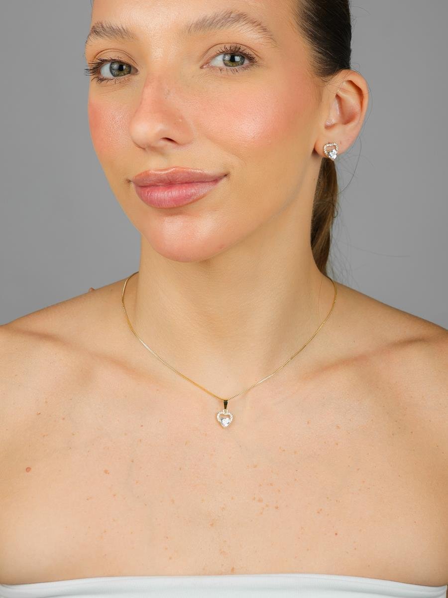 Conjunto Dois Corações Cravejado | Banhado A Ouro.