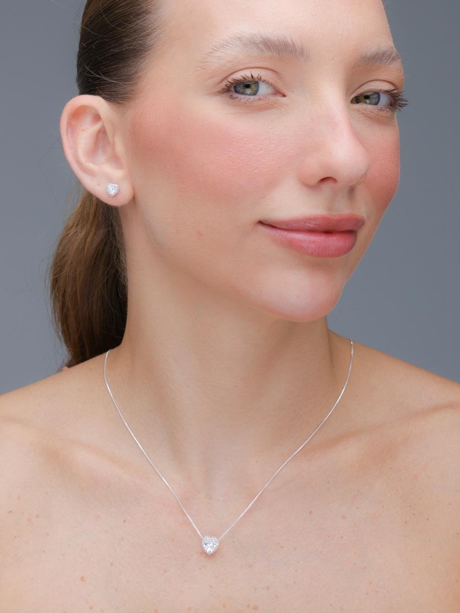 Conjunto Coração Cravejado | Banho de Prata.