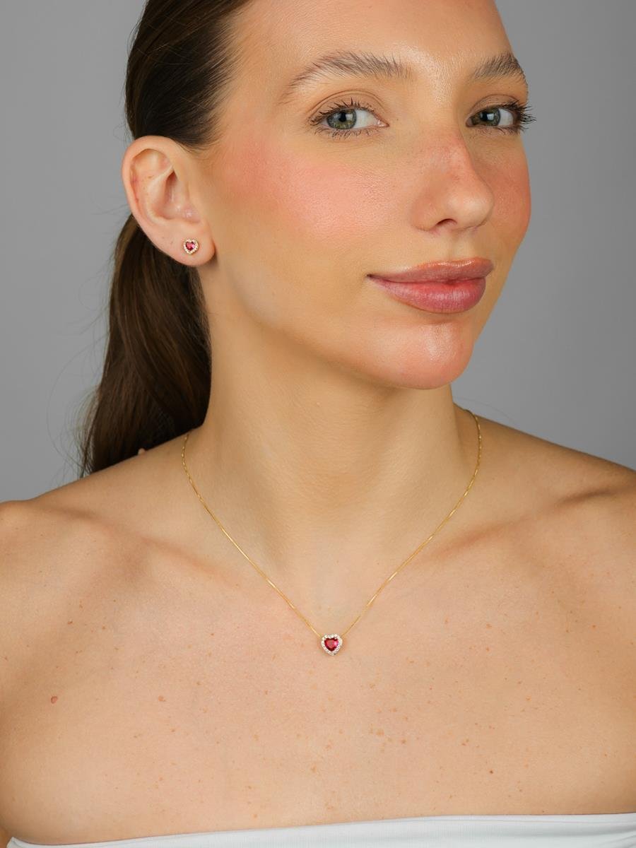 Conjunto Coração Cravejado Rosa | Banhado A Ouro.