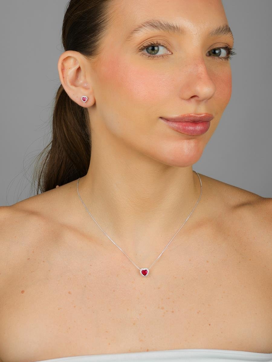Conjunto Coração Cravejado Rosa | Banho De Prata.