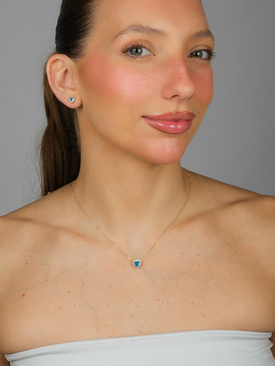 Conjunto Coração Cravejado Azul | Banhado A Ouro.