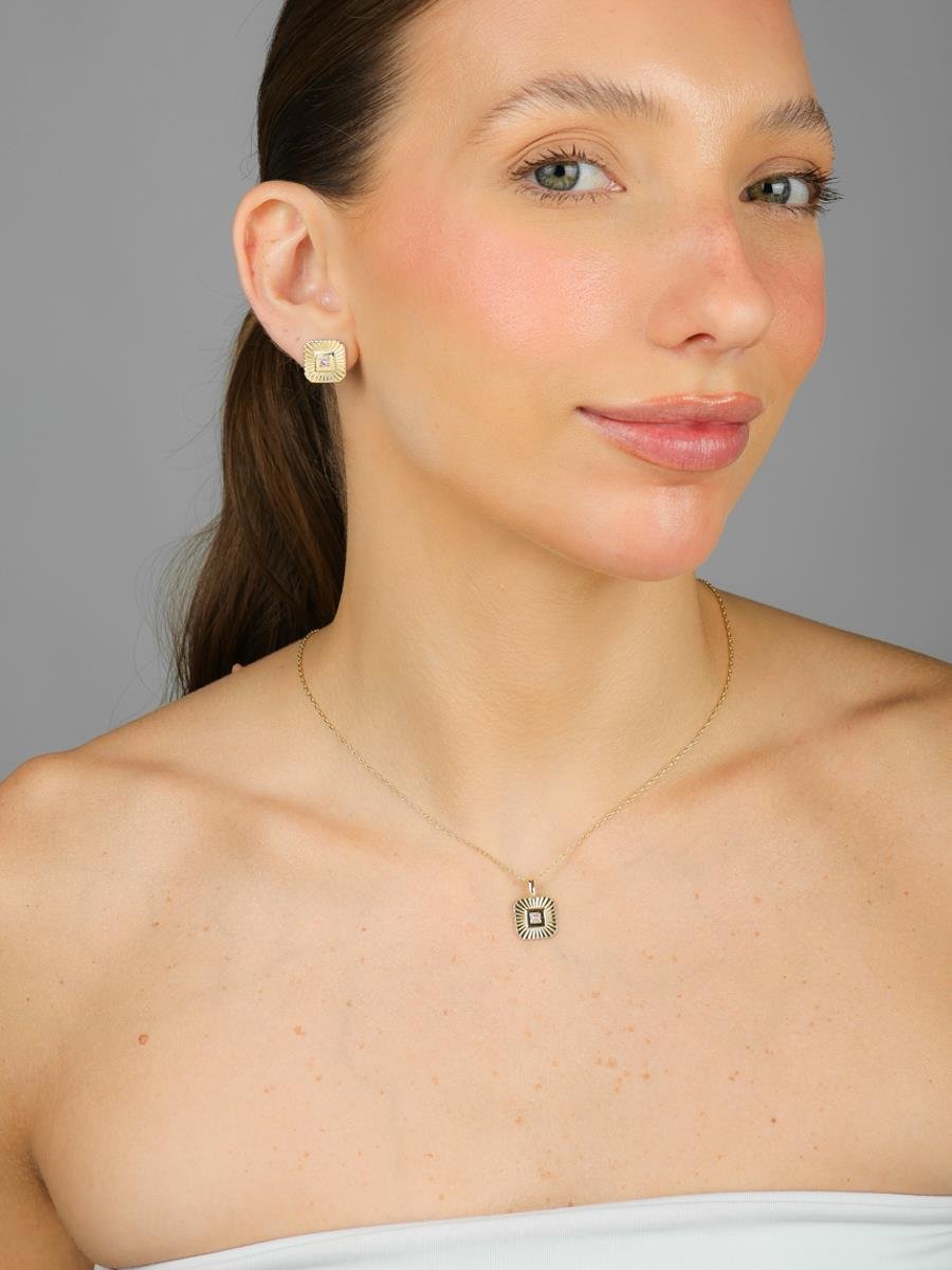 Conjunto Quadrado Texturizado Rosa | Banhado A Ouro