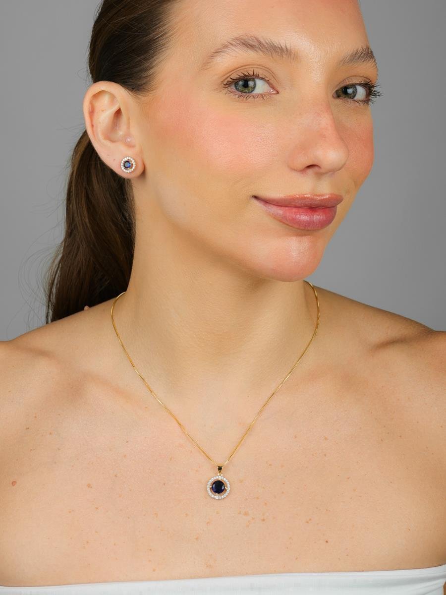 Conjunto Ponto De Luz Duplo Azul | Banhado a Ouro