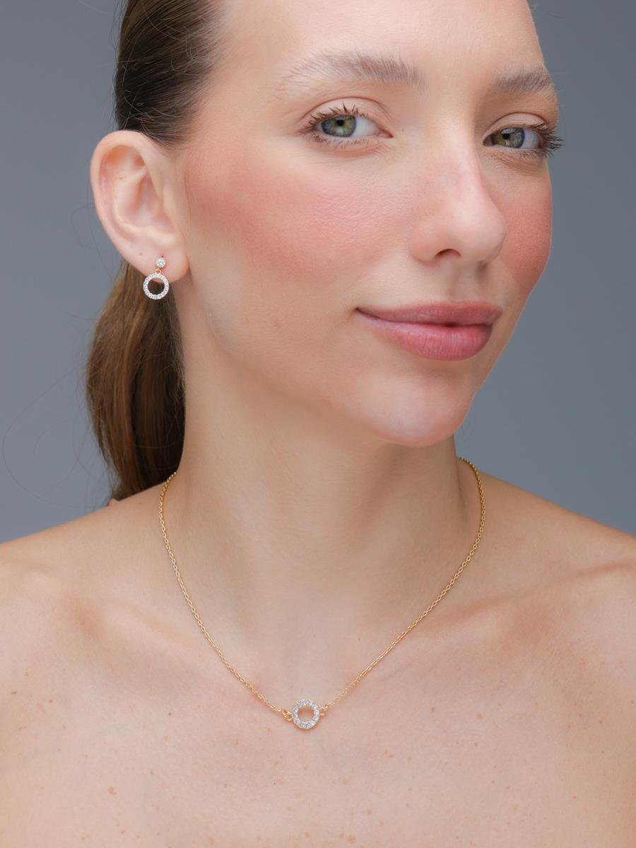 Conjunto Círculo Vazado Cravejado | Banhado a Ouro.