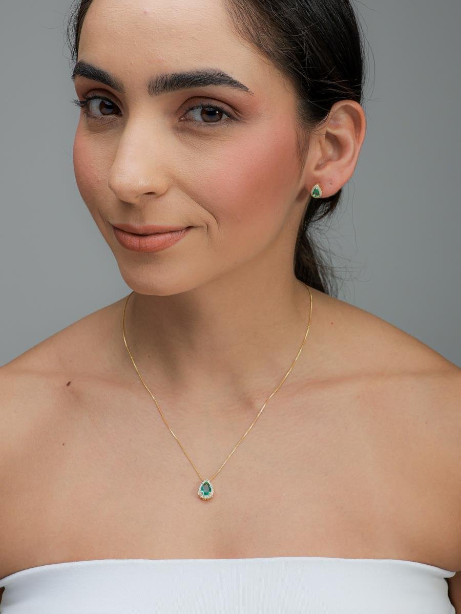 Conjunto Gota Cravejada Turmalina | Banhado a Ouro.