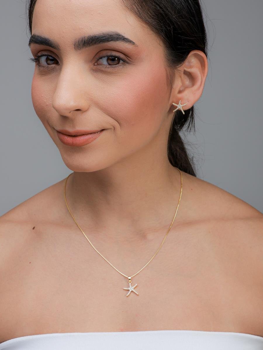 Conjunto Estrela Do Mar Cravejada | Banhado a Ouro.