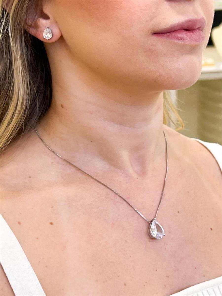 Conjunto Ponto de Luz Gota G | Banhado a Ródio Branco.