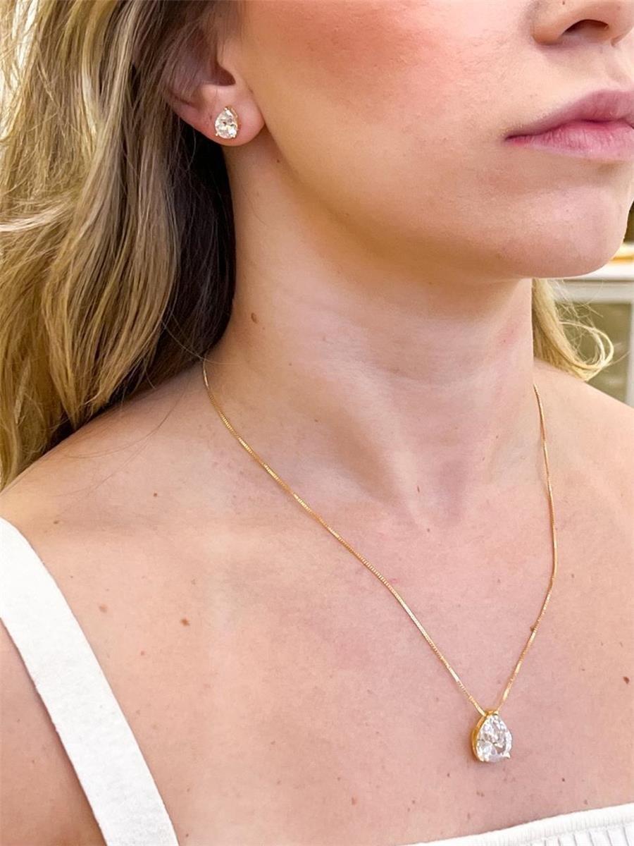 Conjunto Ponto de Luz Redondo Cravejado | Banho de Prata.