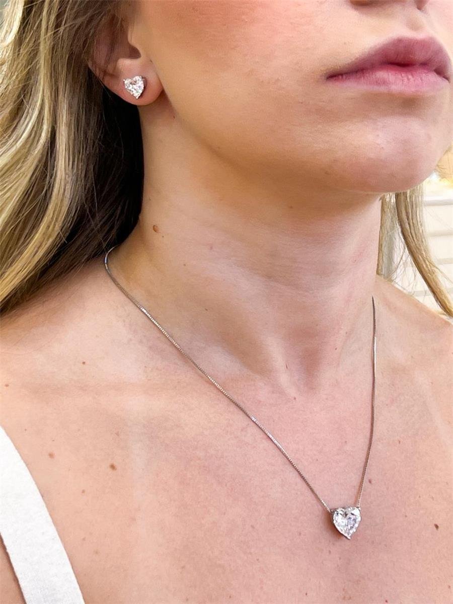 Conjunto Coração Ponto de Luz G | Banhado a Ródio Branco.