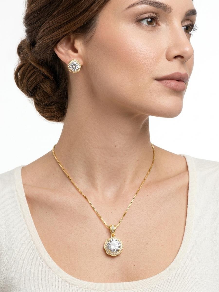 Conjunto Ponto de Luz Incolor Cravejado | Banhado a Ouro.