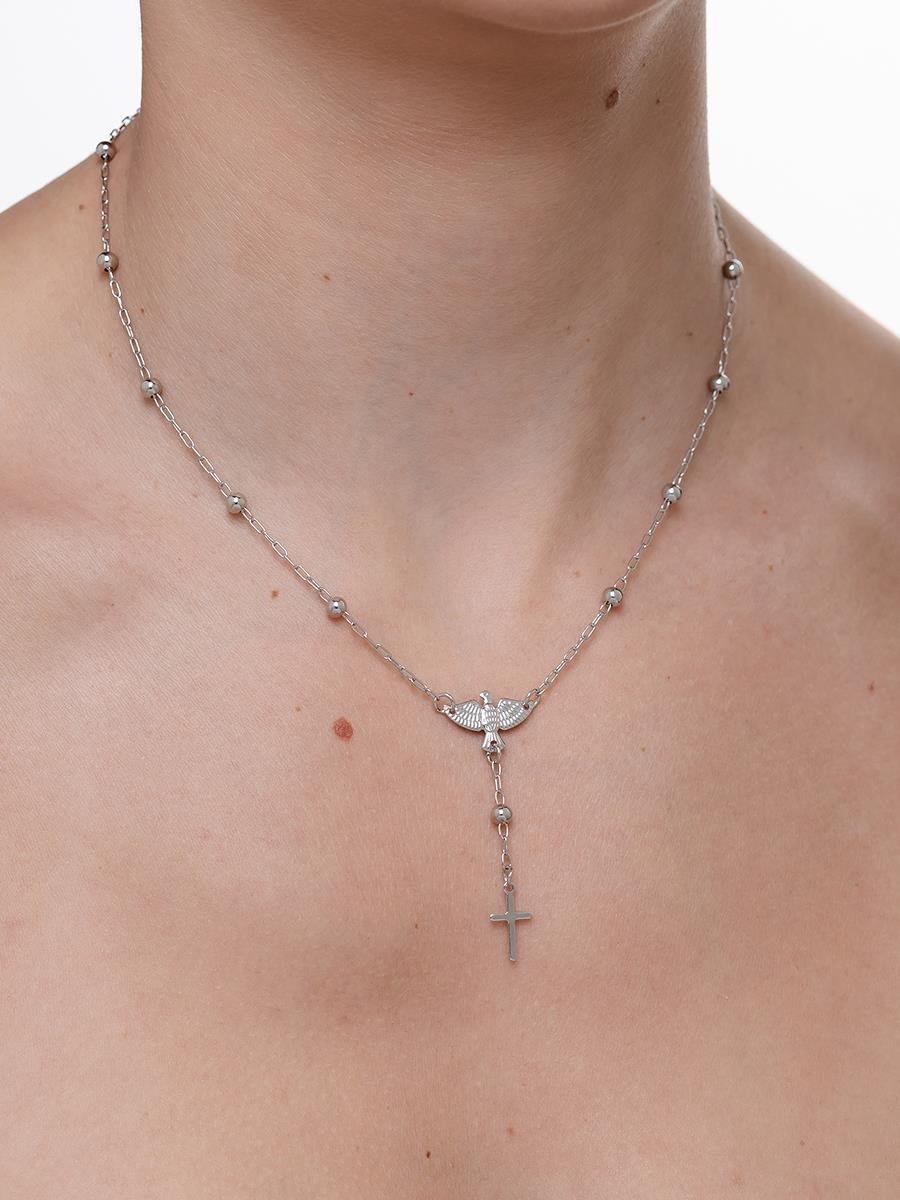 Colar Terço Espírito Santo l Banho de Ródio Branco