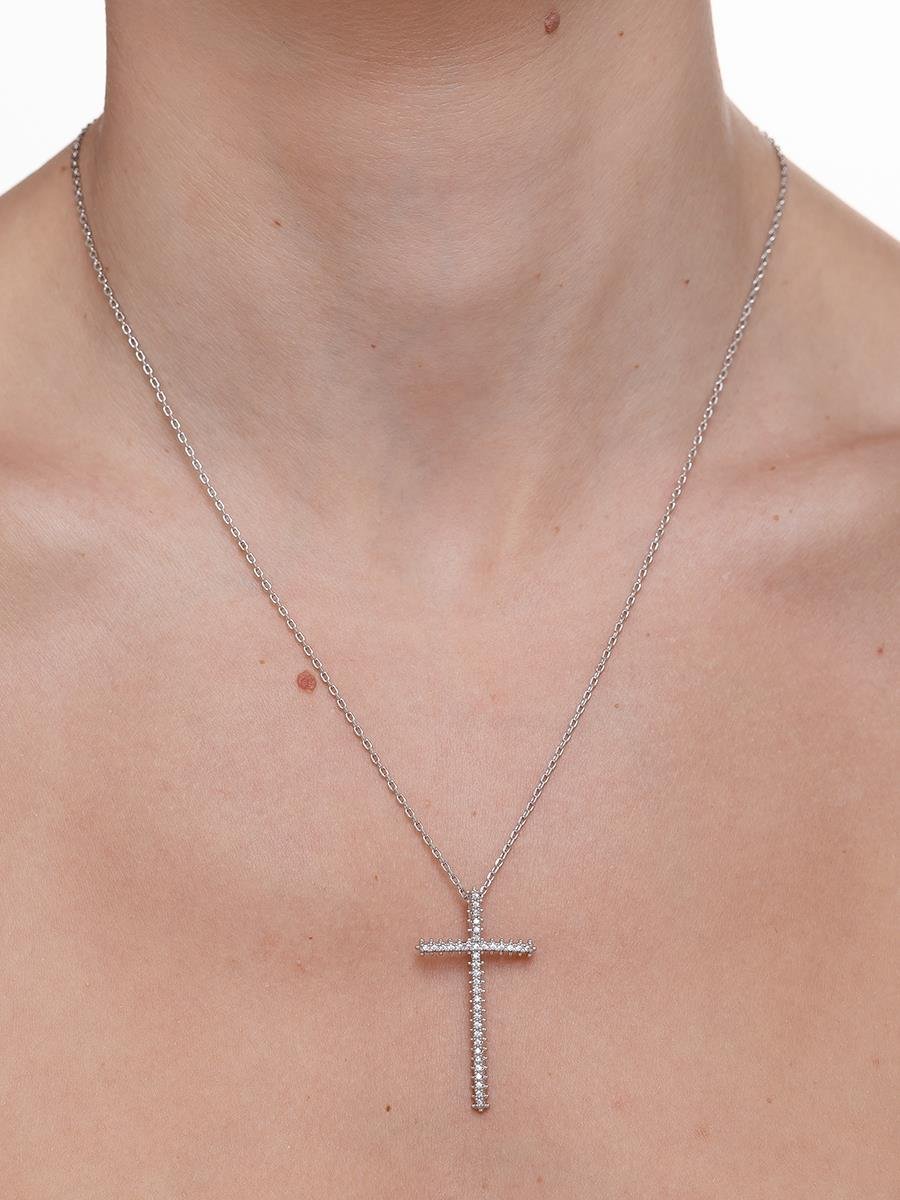 Colar Cruz Cravejada l Banho de Ródio Branco