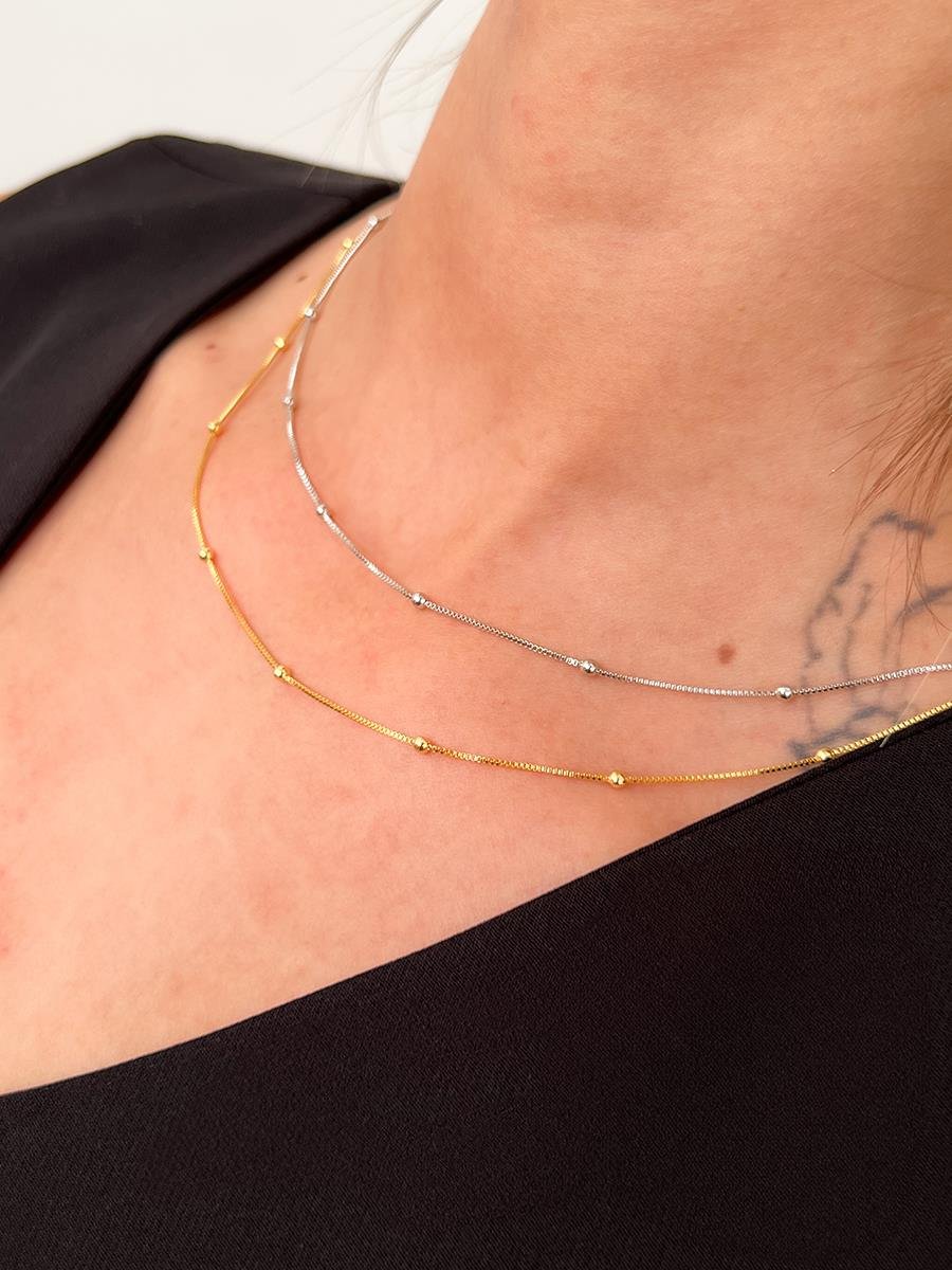 Colar Veneziana com Bola Lisa 45cm | Banhado no Ródio Branco