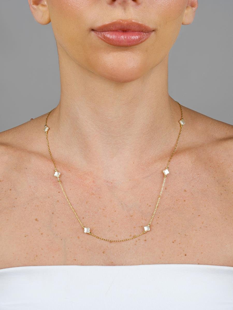 Colar Pérola Trevo 60CM | Banhado a Ouro