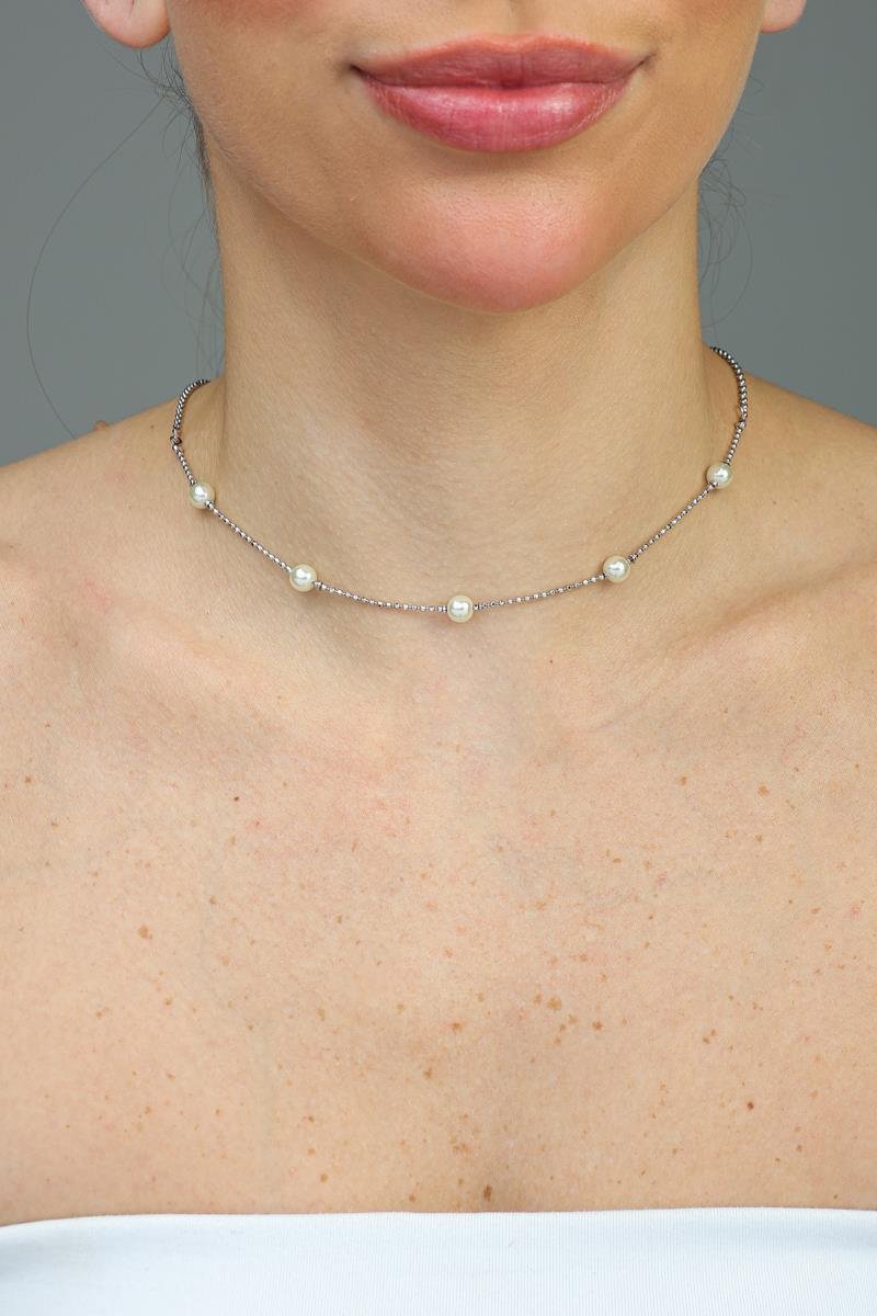 Colar Bolinha Com Pérola | Banhado a Ródio Branco