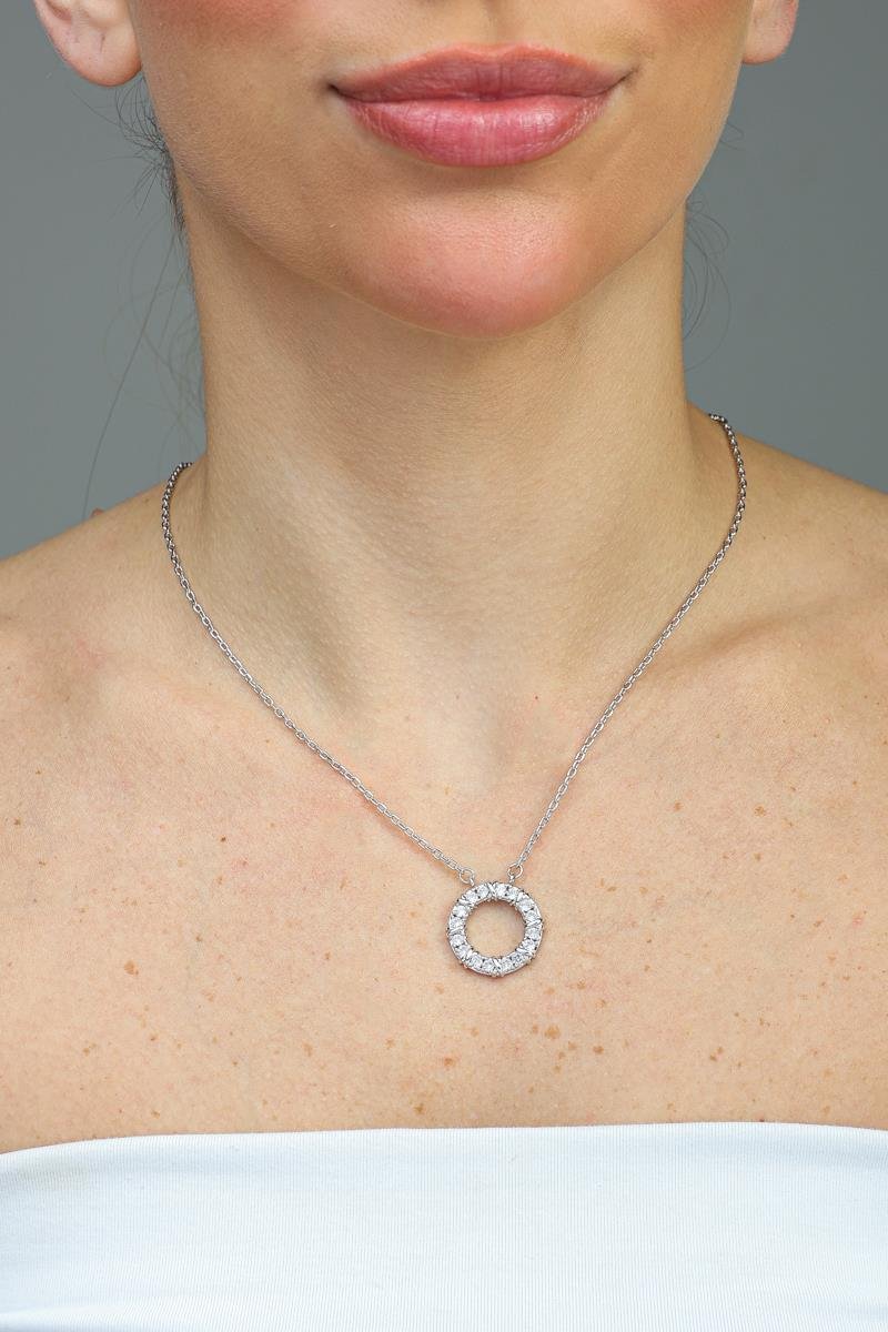 Colar Circulo Cravejado Com X | Banhado a Ródio Branco