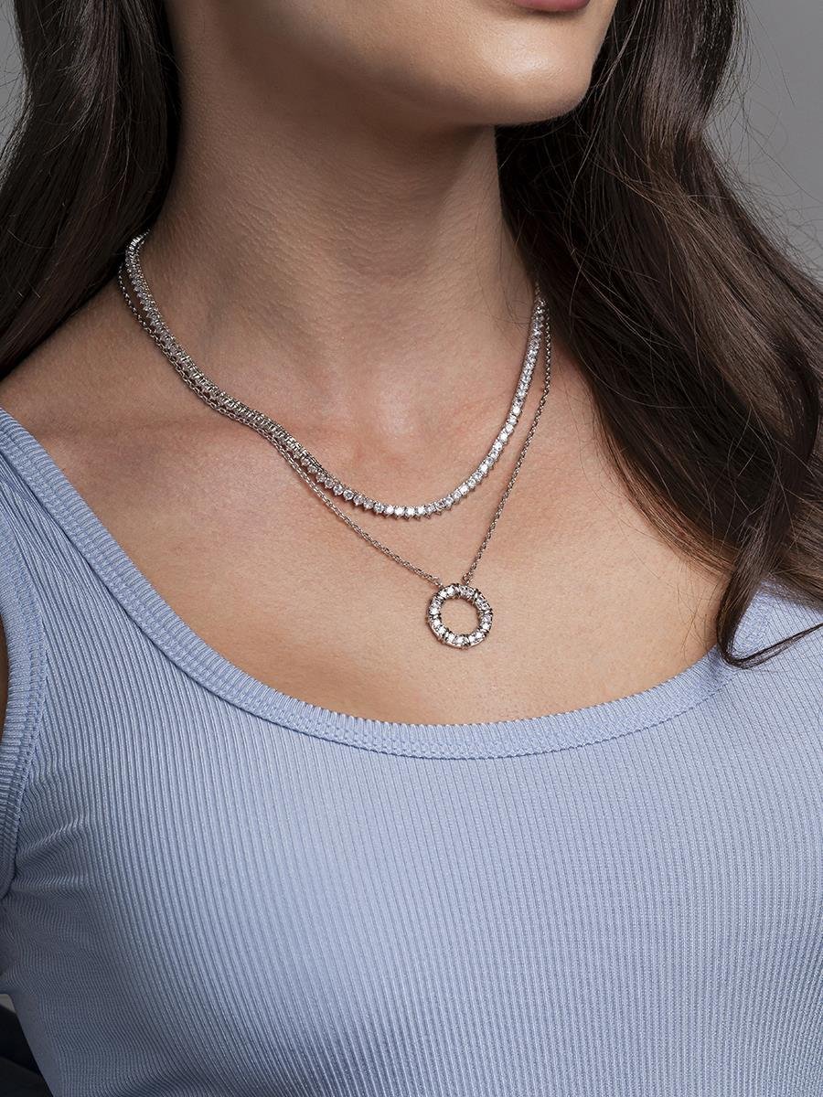 Colar Circulo Cravejado Com X | Banhado a Ródio Branco