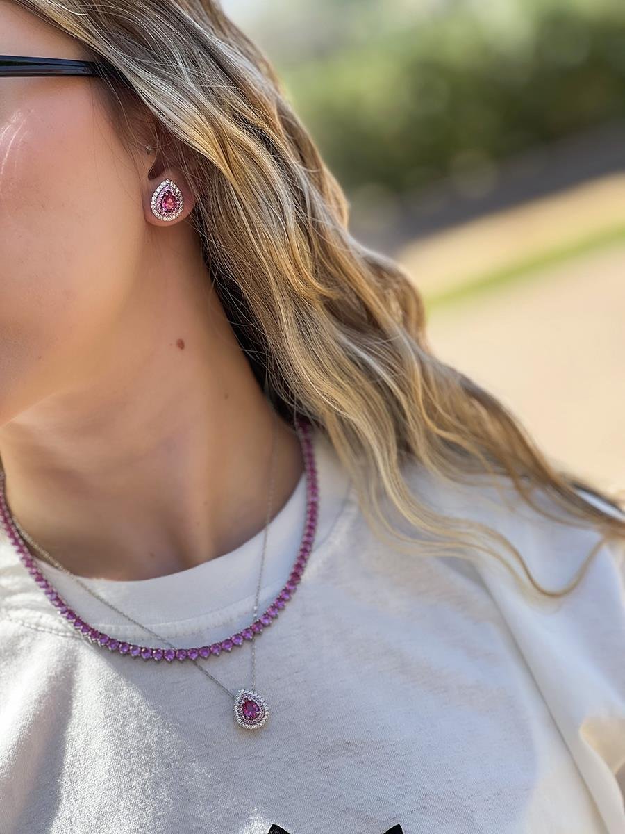 Colar Gota Rosa Cravejada | Banhado a Ródio Branco