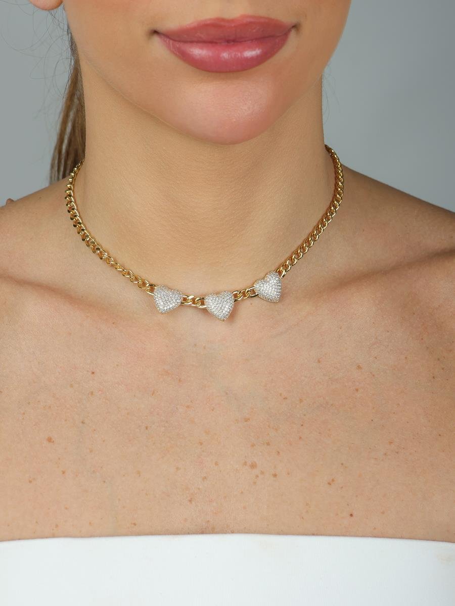 Colar Elo Grumet com Coração Cravejado | Banhado a ouro.