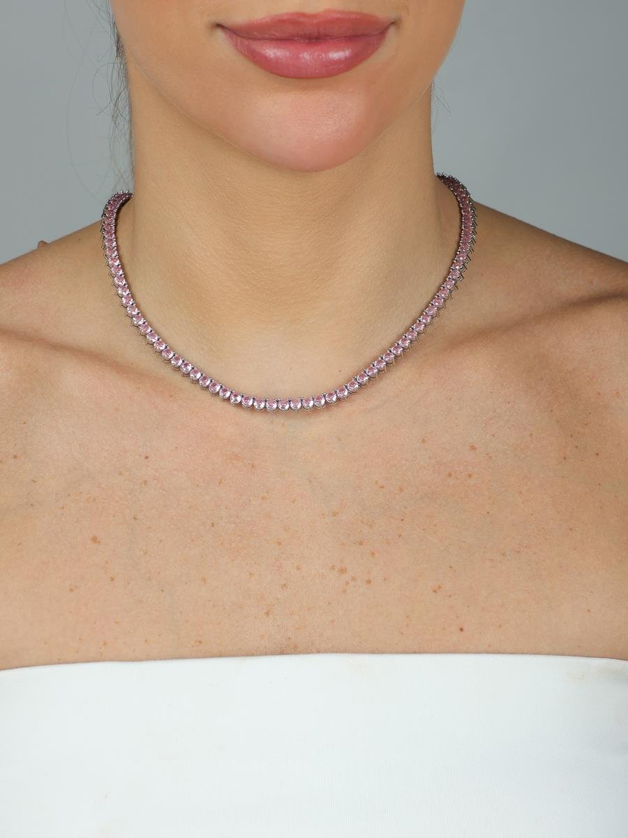 Colar Riviera Rosa Kunzita 5mm | Banhado a Ródio Branco