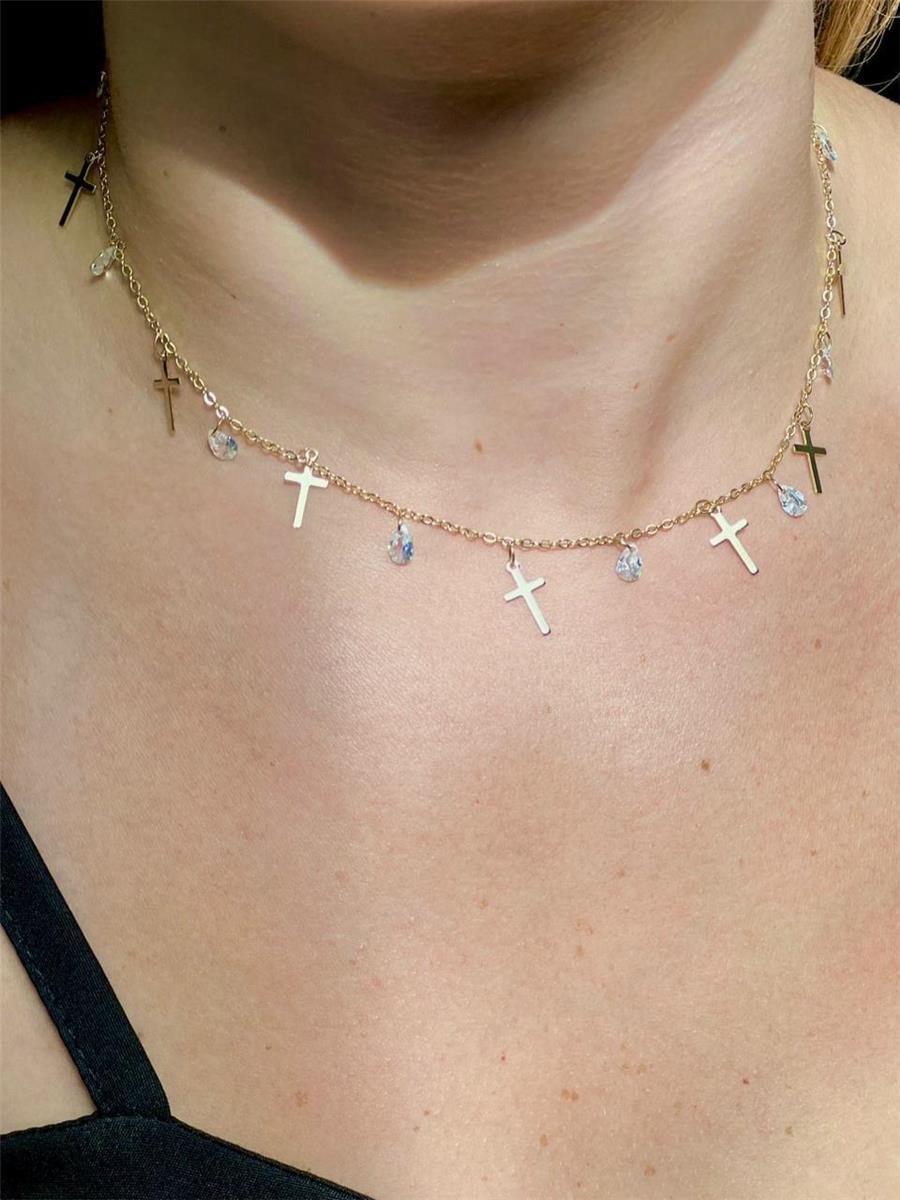 Choker Cruz Com Ponto De Luz | Banhado a Ouro