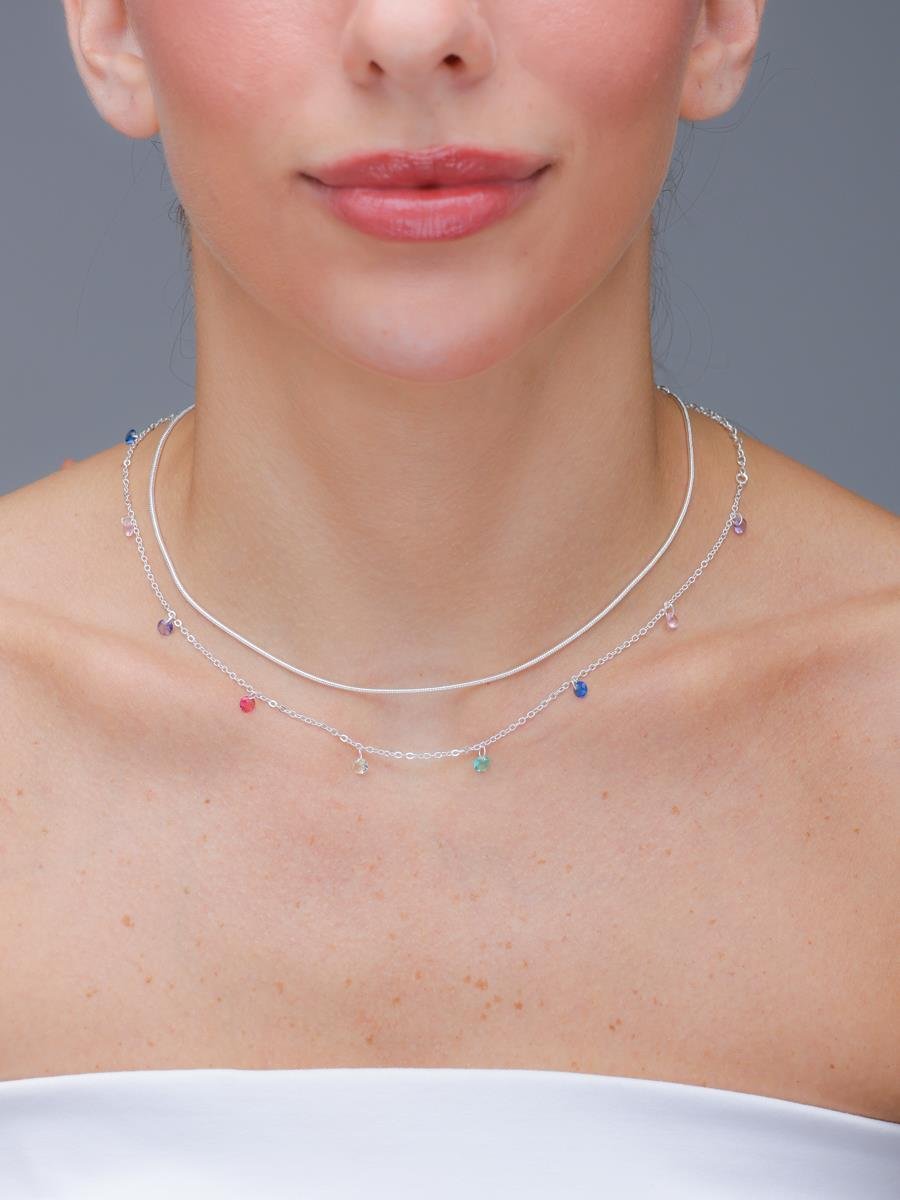 Choker Ponto de Luz Colorido Duplo com Rabo de Rato | Banho de Prata.