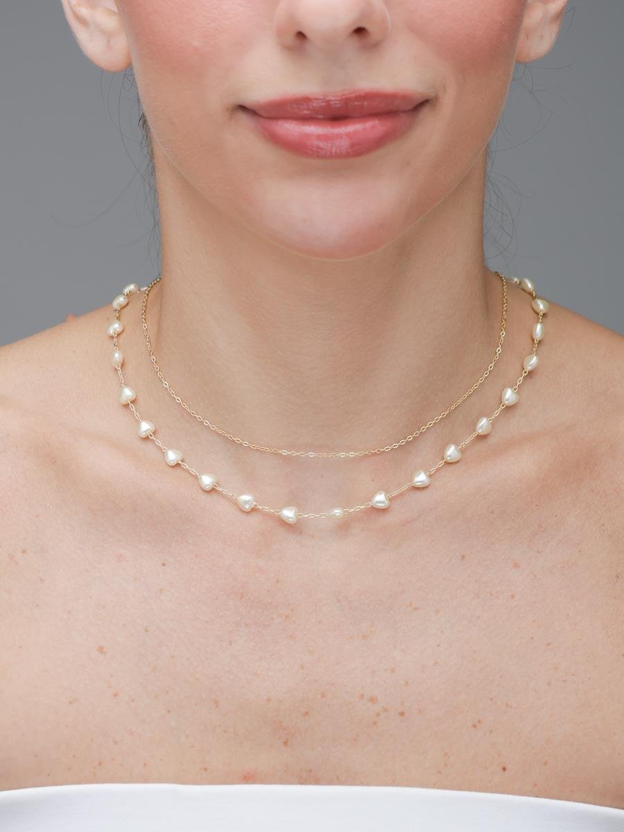 Colar Pérola Coração Duplo com Mini Elo | Banhado a Ouro.