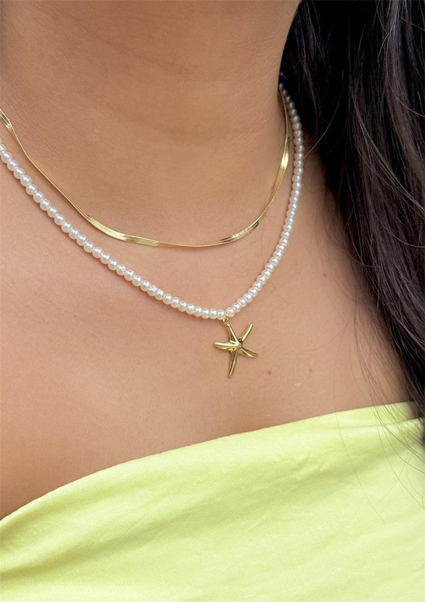Colar Pérola com Estrela do Mar | Banhado a Ouro.
