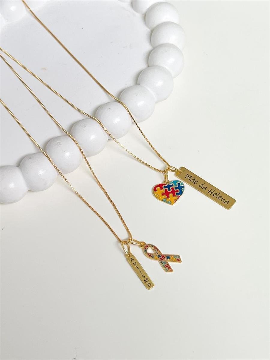 Colar Símbolo Autista e Plaquinha Personalizado | Banhado a Ouro.