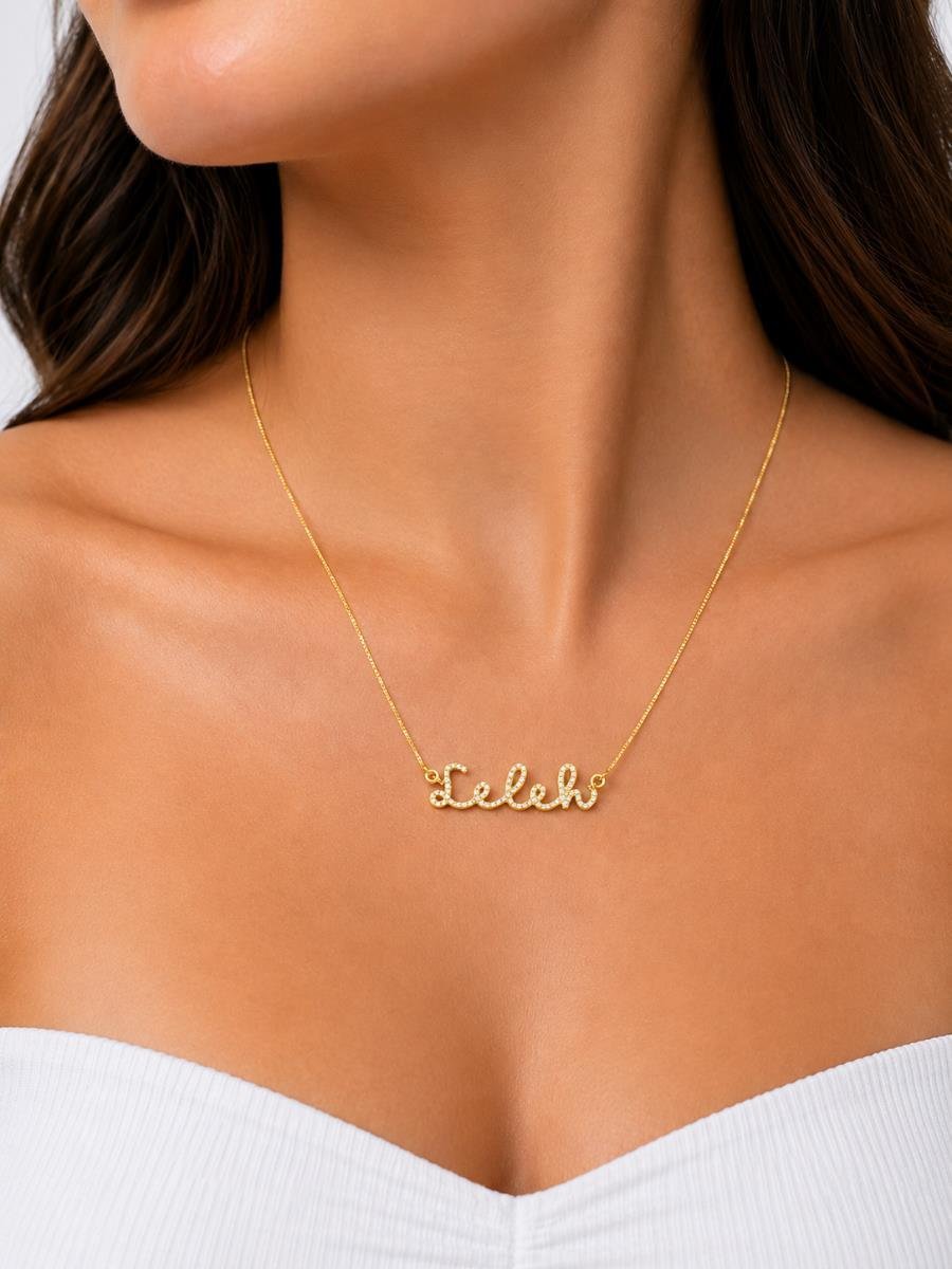 Colar Nome Personalizado Cravejado | Banhado a Ouro.