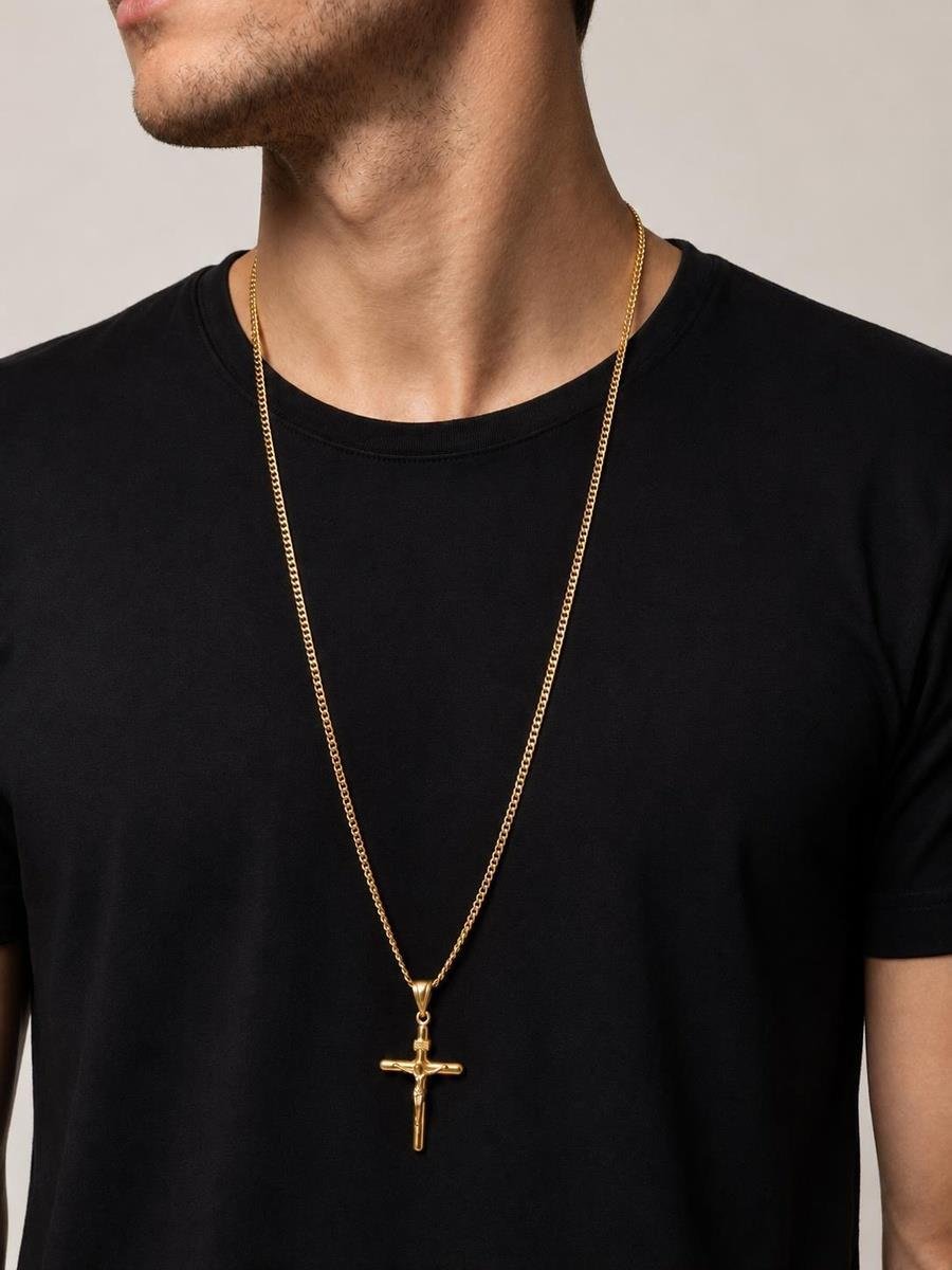 Corrente Elo Grumet com Cruz | Masculino | Banhado a Ouro.