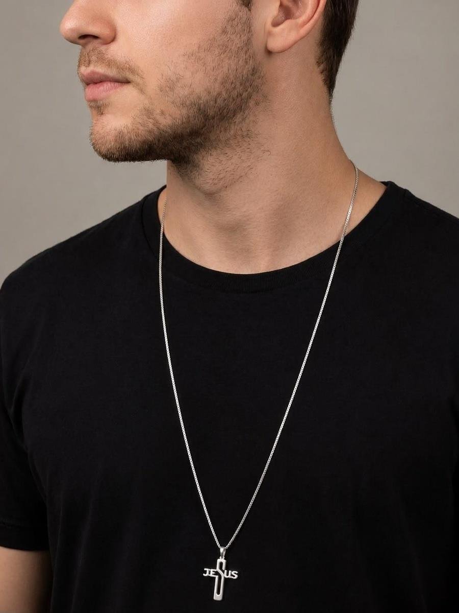 Colar Cruz Jesus Vazado | Masculino | Banho de Prata.