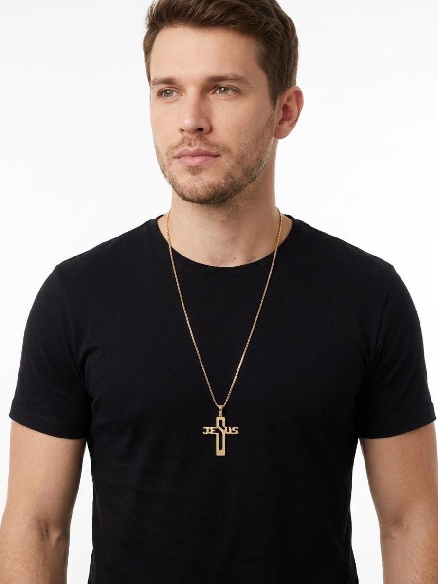 Colar Cruz Jesus Vazado | Masculino | Banhado a Ouro.