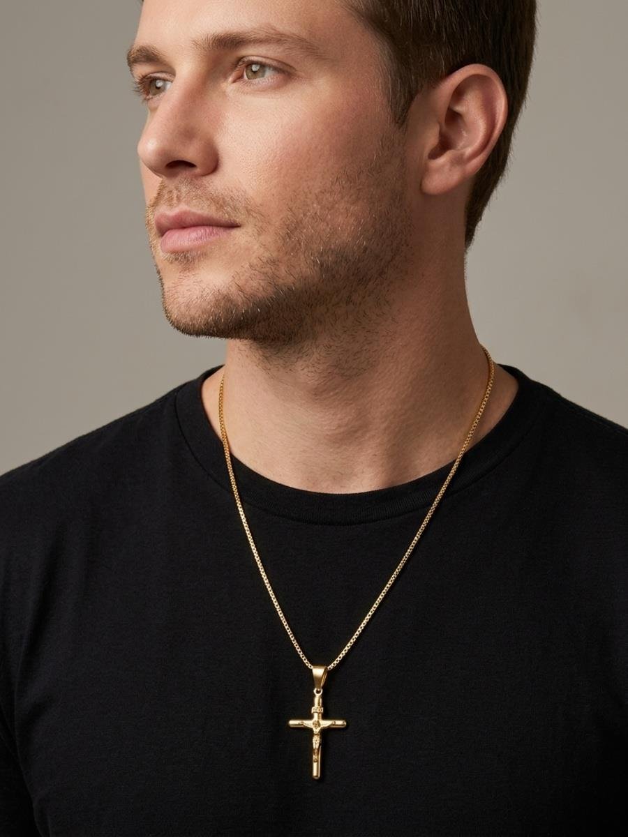 Colar Cruz com Jesus | Masculino | Banhado a Ouro.