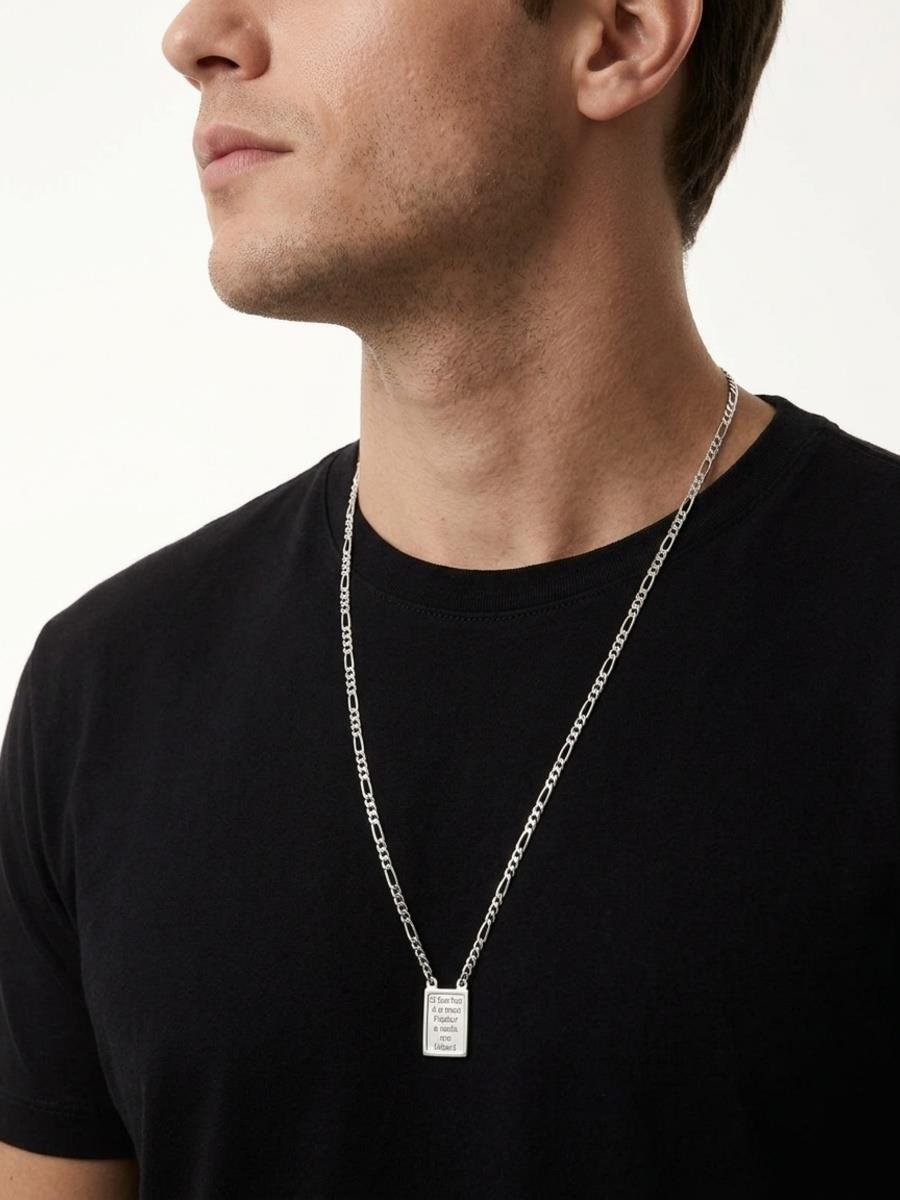 Colar Fígaro com Medalha Oração | Masculino | Banho de Prata.