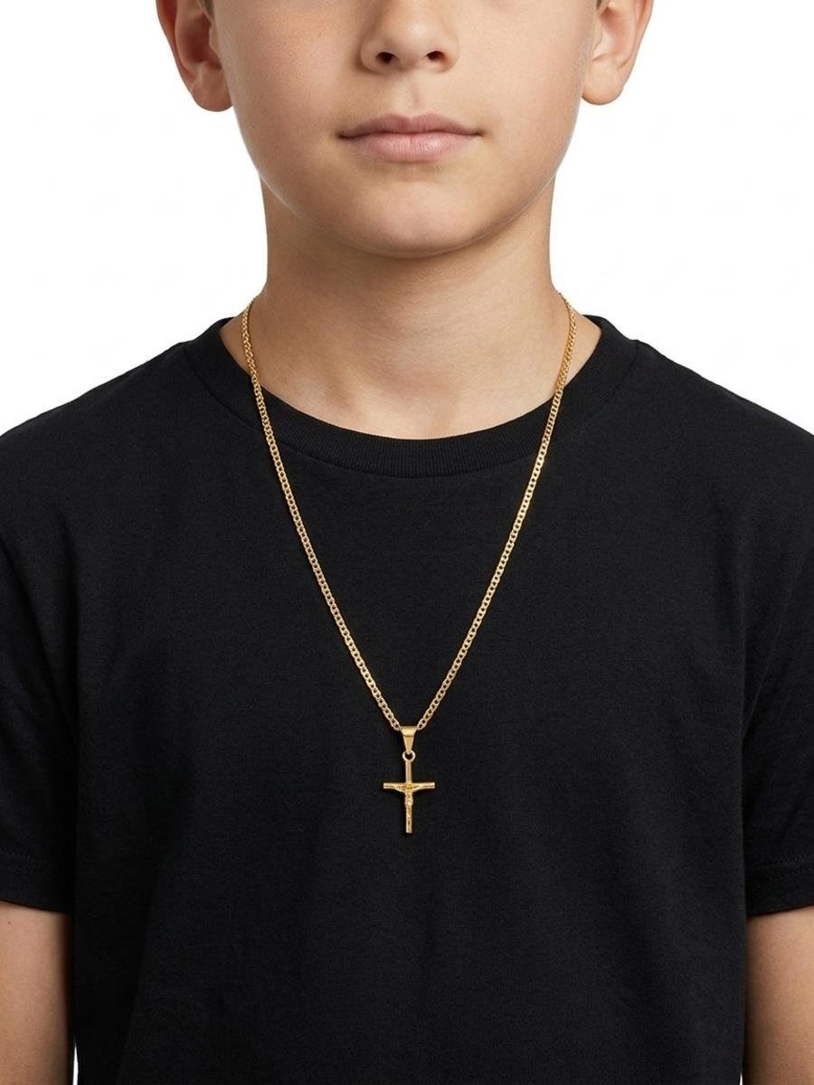 Corrente Piastrini com Cruz | Infantil | Masculino | Banhado a Ouro. 