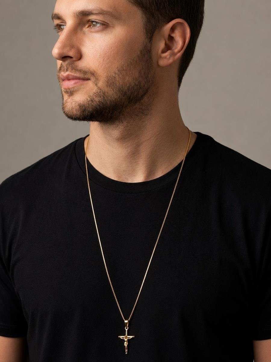 Colar Cruz com Jesus | Masculino | Banhado a Ouro.