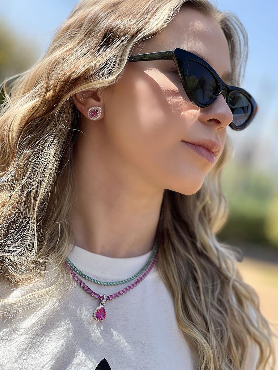 Pingente Gota Rosa | Banhado a Ródio Branco