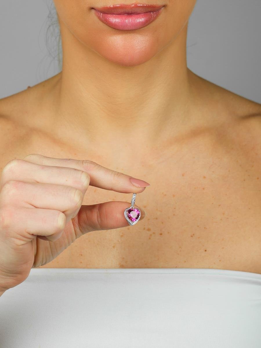 Pingente Coração Pink Cravejado | Banhado a Ródio Branco