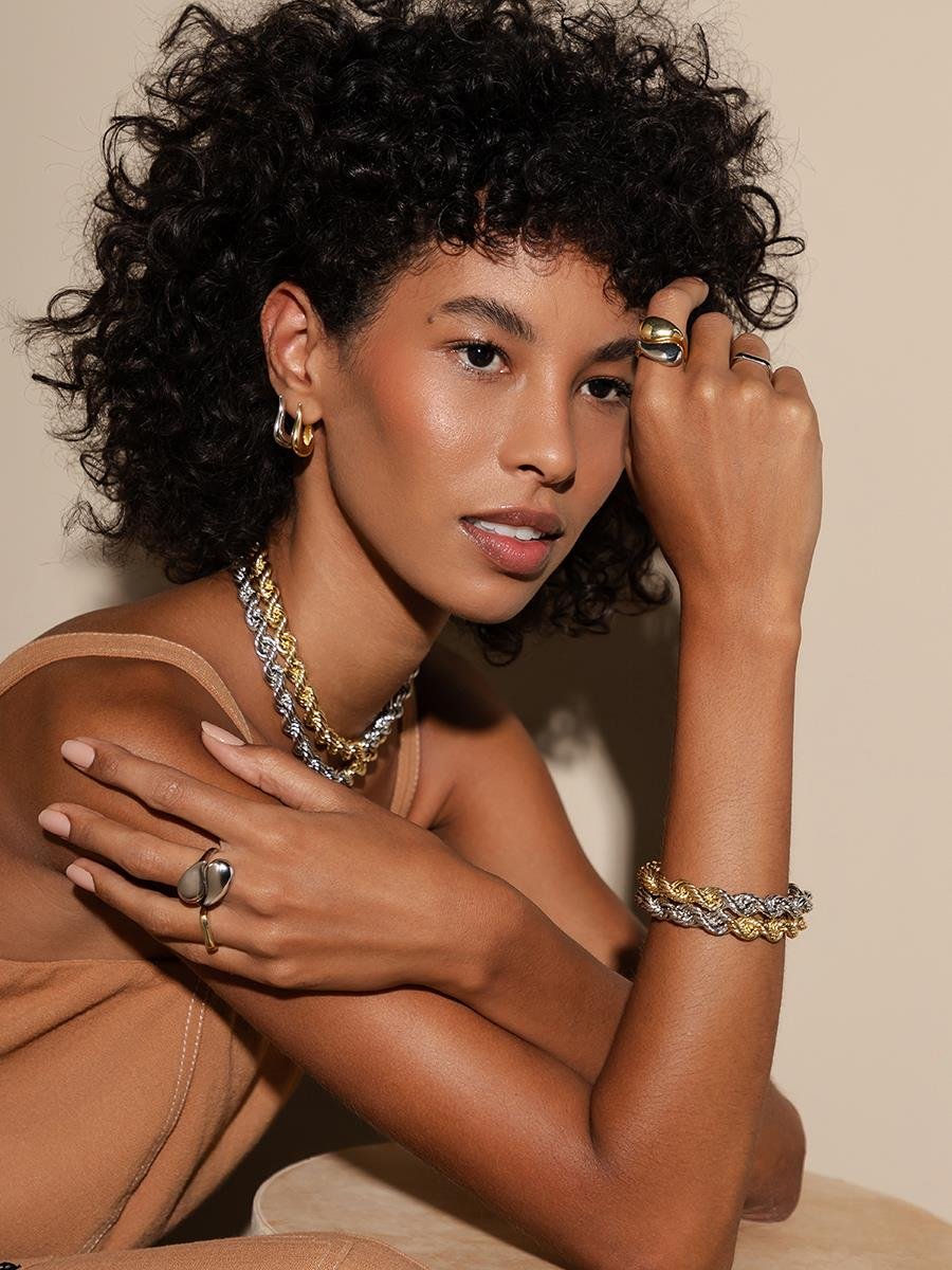 Pulseira Cordão Baiano l Banho de Ouro e Ródio Branco