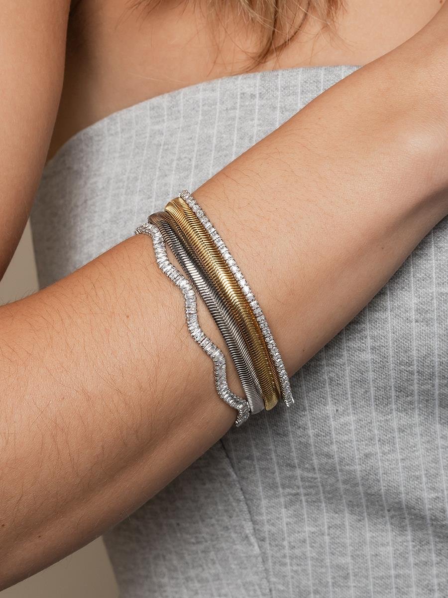 Pulseira Riviera Baguete Ondulada l Banho de Ródio Branco
