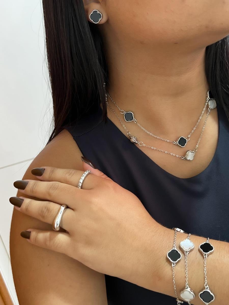 Pulseira Trevo P Pérola | Banhado no Ródio Branco