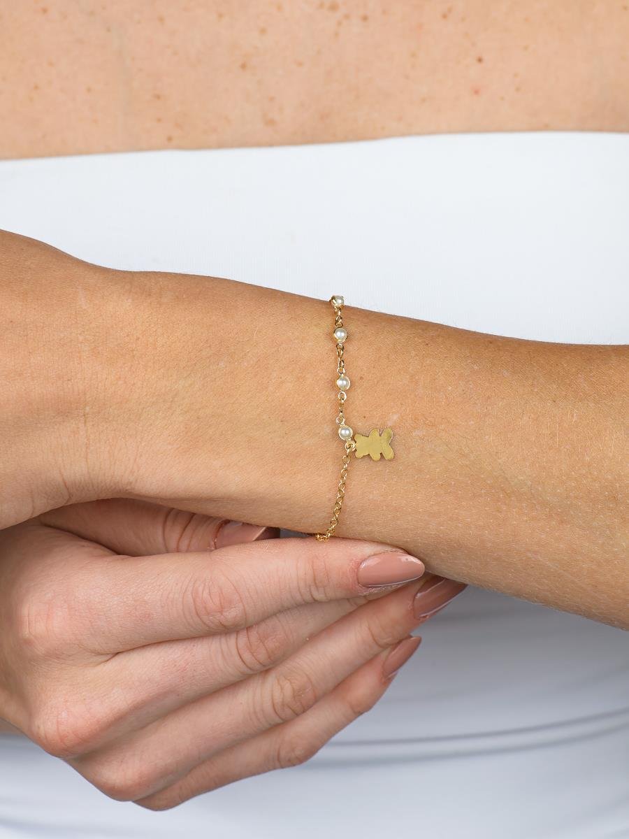 Pulseira Ursinho com Pérola Infantil | Banhado a Ouro