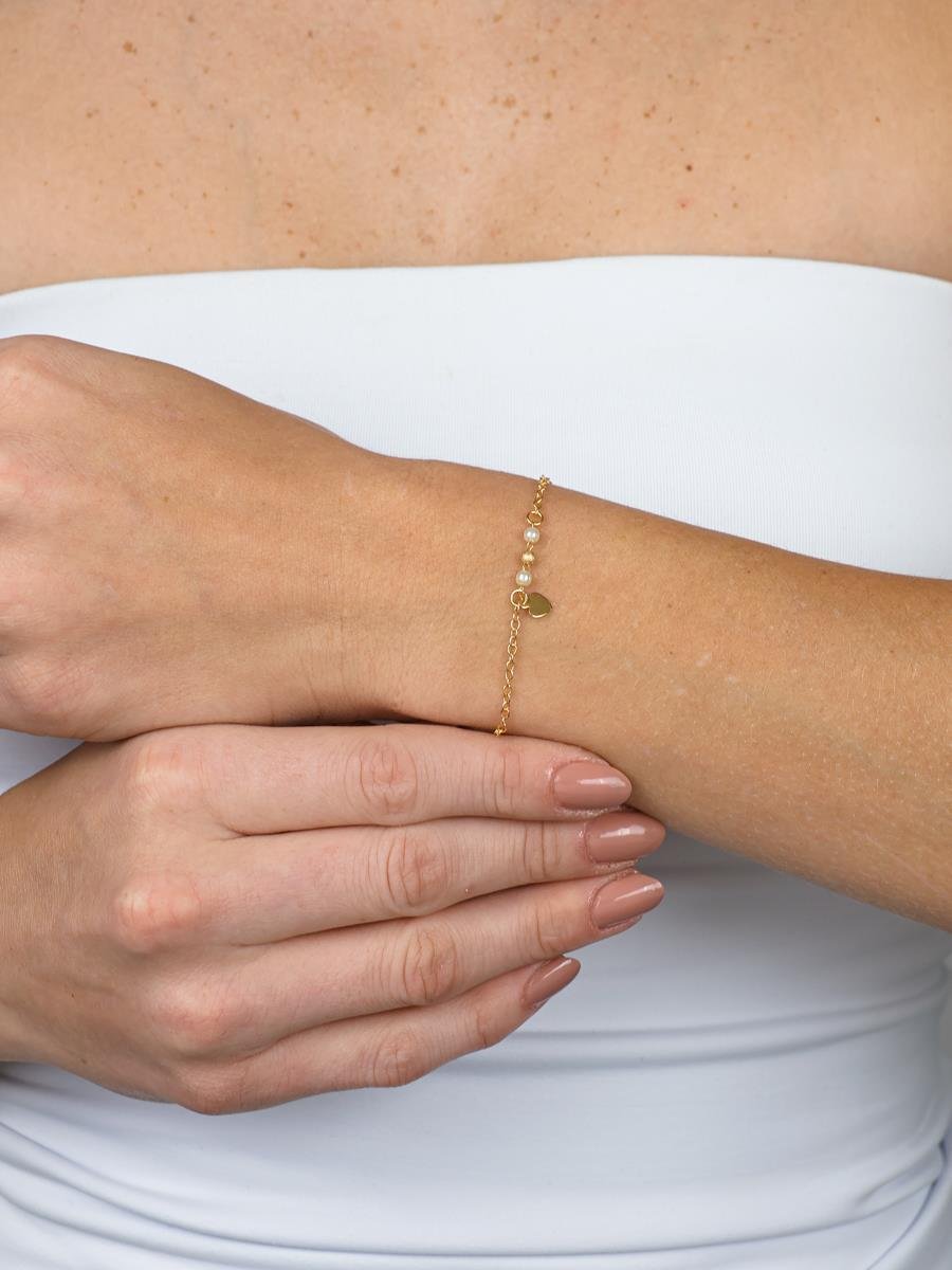 Pulseira Coração Liso Com Pérola | Infantil | Banhado a Ouro