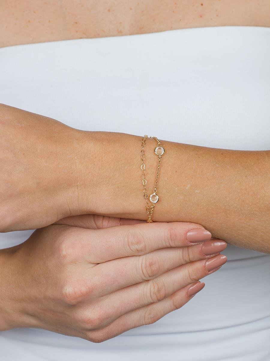 Pulseira Dupla Elo Coração e Zircônia | Banhado a Ouro