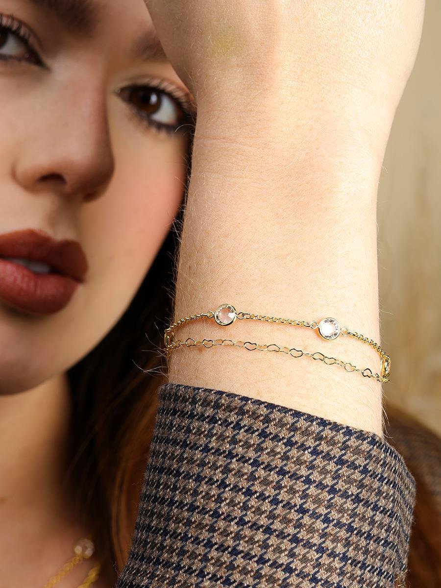 Pulseira Dupla Elo Coração e Zircônia | Banhado a Ouro