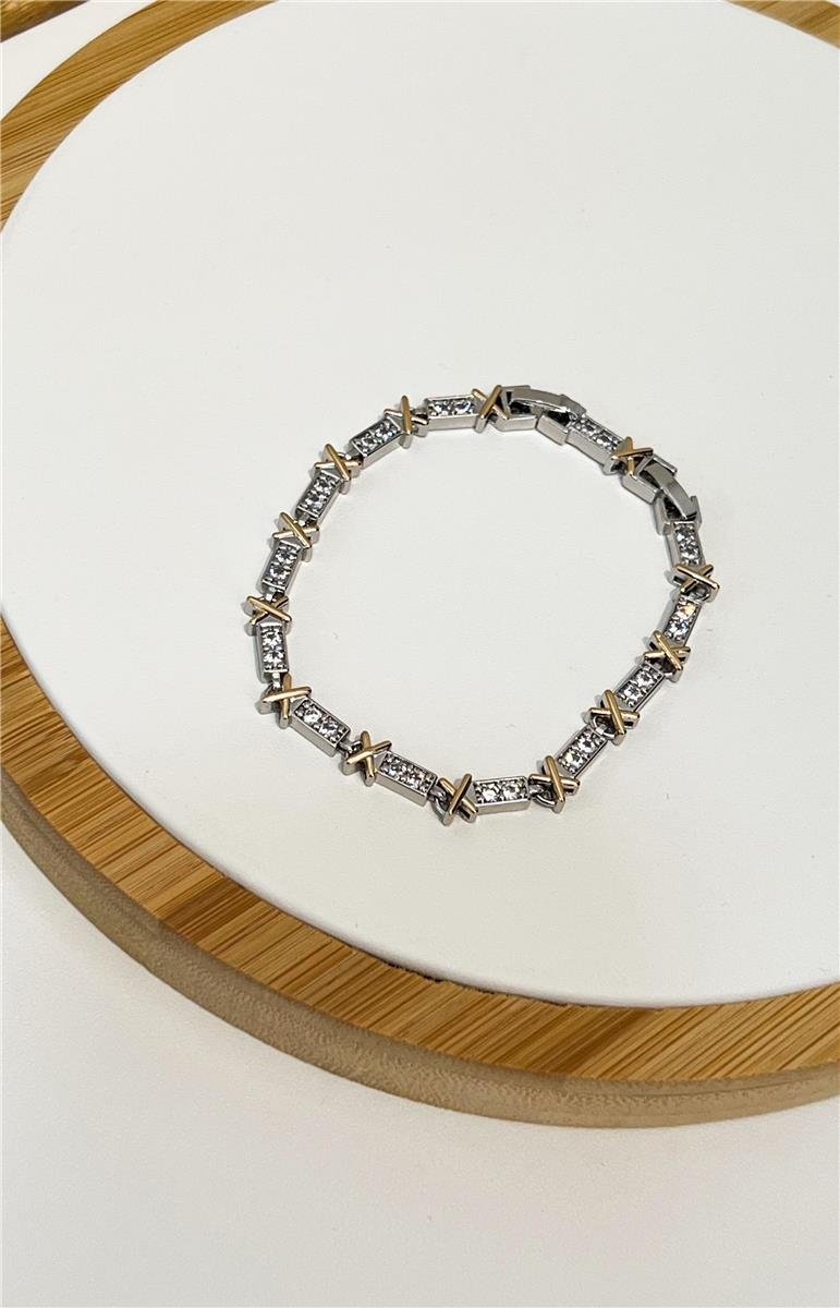 Pulseira Riviera Baguete Com X | Banhado a Ouro e Ródio
