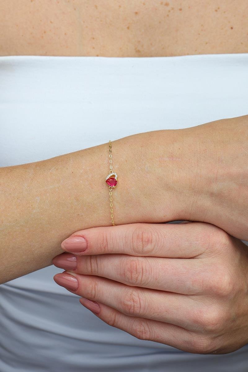 Pulseira Com Coração Rosa Cravejado | Banhado a Ouro